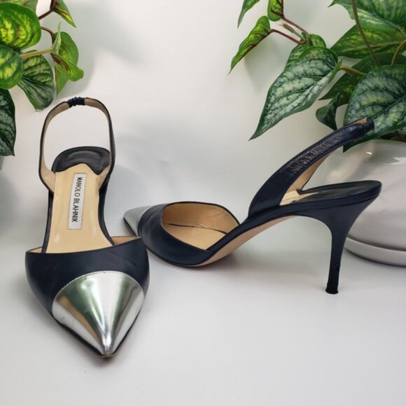 Manolo Blahnik Navy Blue with Silver sz 39.5 8.5 9 - Picture 1 of 10
